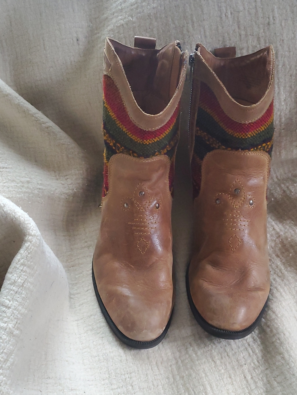 Born Brown Leather Ankle Boots with Multicolor Knit Cuffs